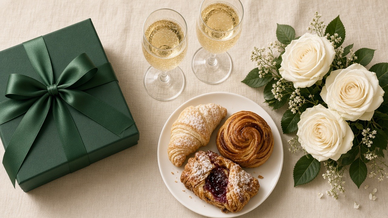 Hotelpaket-Arrangement – Geschenkbox, Sekt und Wiener Gebäck auf cremefarbenem Leinen