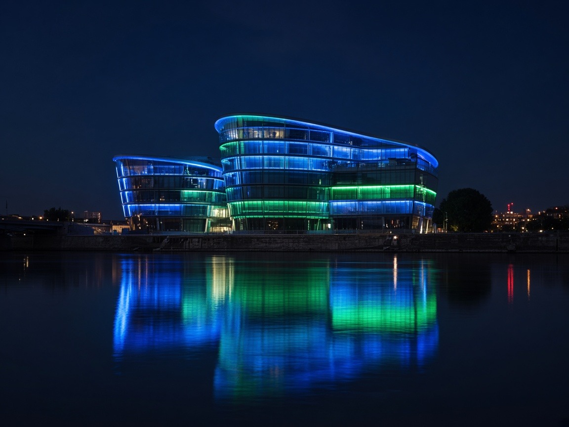 Ars Electronica Center Linz – LED-beleuchtetes Gebäude spiegelt sich nachts im Donautwasser