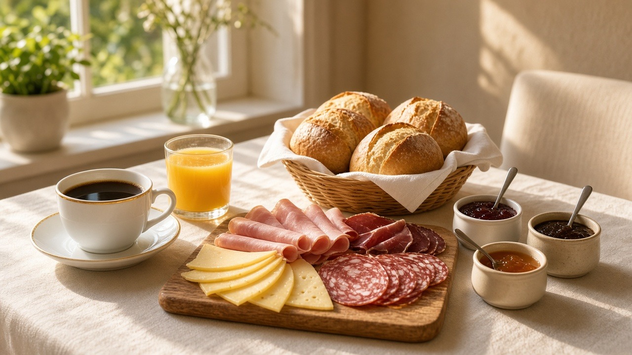 Österreichisches Frühstück im Angebotsaufwind – Semmel, Aufschnitt, Marmelade, Kaffee im Morgenlicht