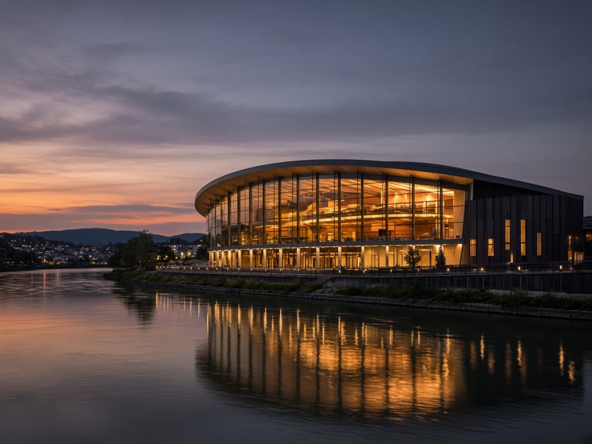 Brucknerhaus Linz – Konzerthalle bei Sonnenuntergang mit Spiegelung in der Donau