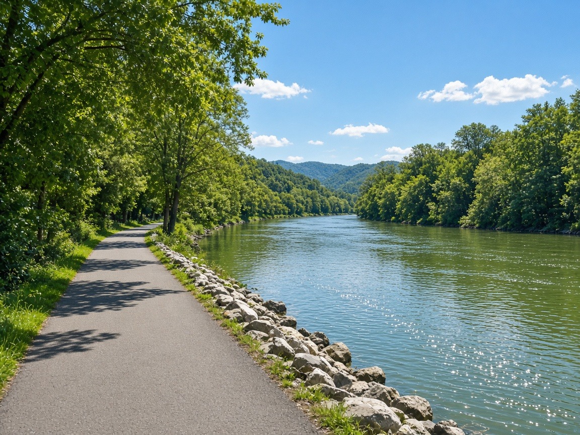 Donauradweg bei Linz – asphaltierter Radweg entlang des grünen Donauufers an einem sonnigen Tag