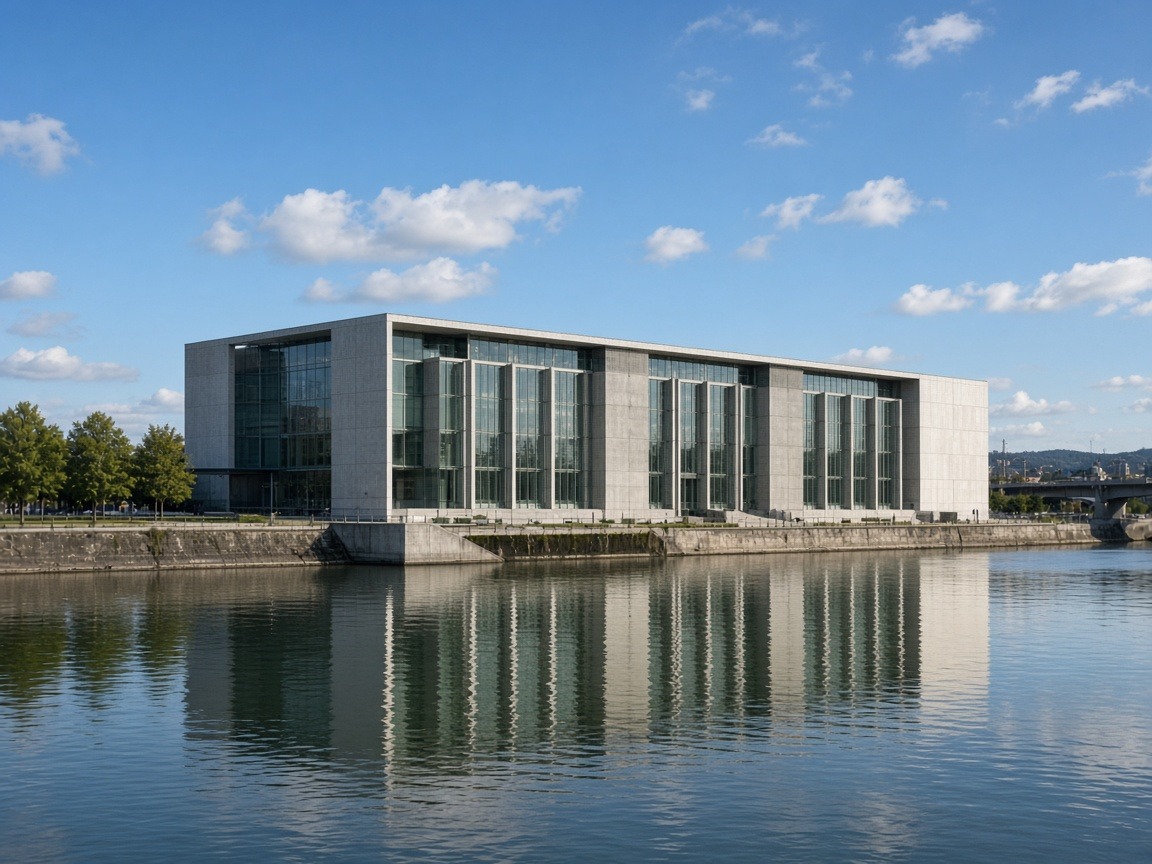 Lentos Kunstmuseum Linz – moderner Betonbau direkt am Donauufer mit Reflexion im Wasser