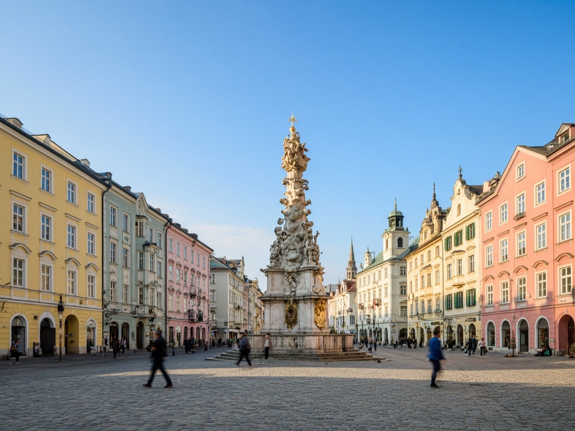 Hauptplatz in Linz mit Dreifaltigkeitssäule und barocken Fassaden