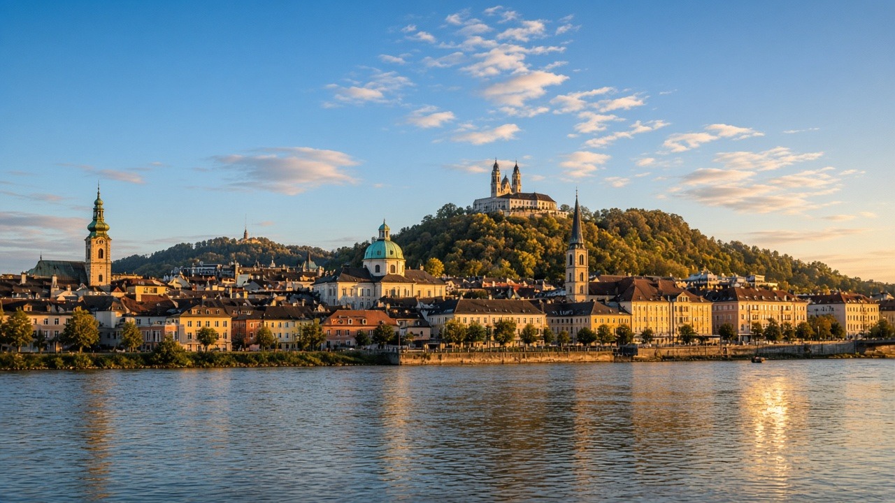 Linz von der Donau aus – Altstadt, Kirchturmspitzen und der Pöstlingberg im Abendlicht