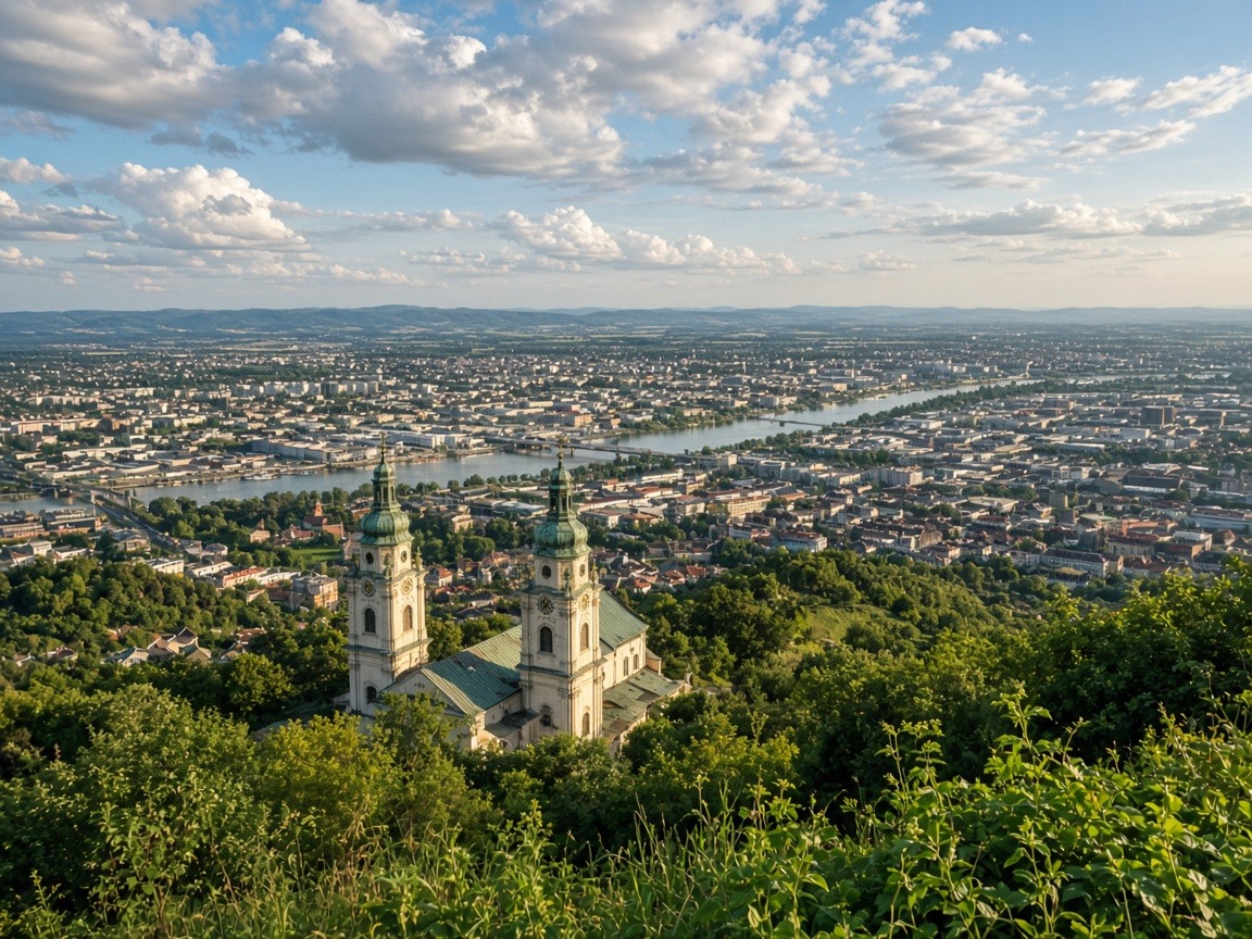 Blick vom Pöstlingberg auf Linz – Wallfahrtskirche im Vordergrund, Donautal und Stadtpanorama dahinter