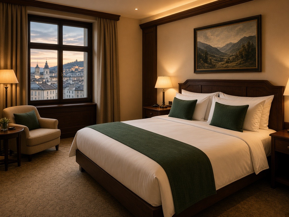 Deluxe-Zimmer mit Blick auf Linzer Altstadt – Kingsize-Bett, Abenddämmerung hinter dem Fenster