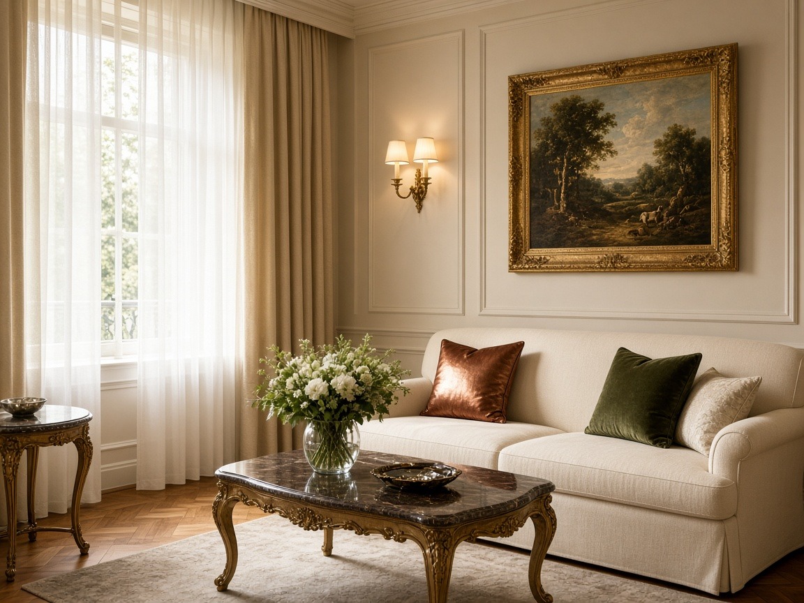 Suite im Angebotsaufwind – Wohnbereich mit Marmortisch, Samtsofa und Ölgemälde